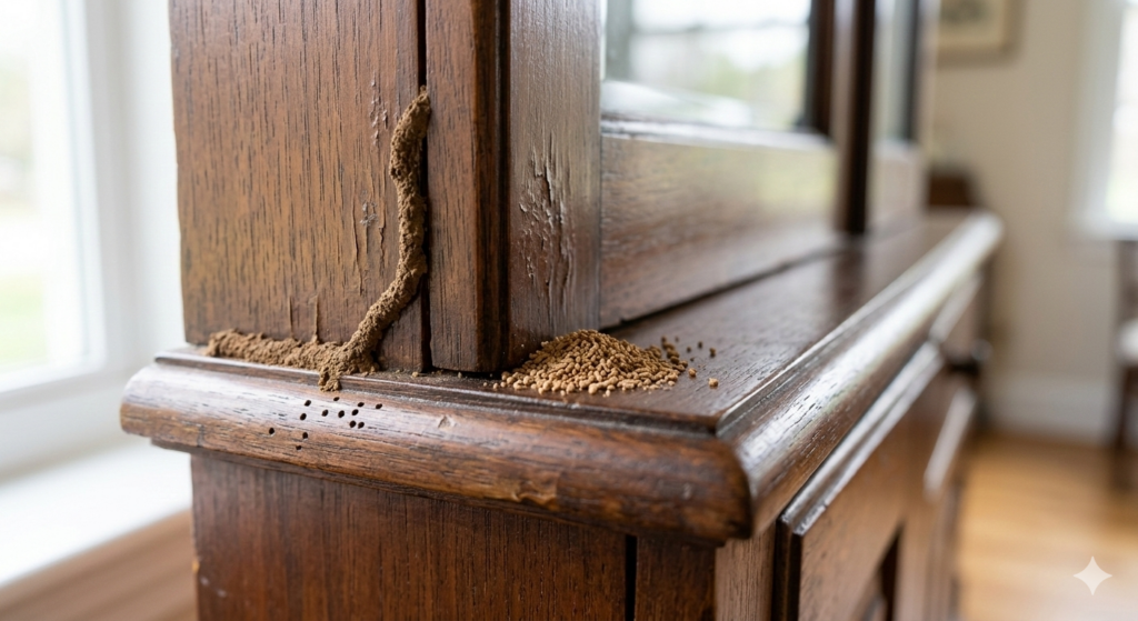 Signs of termites in wooden furniture showing mud tubes, termite frass, and damaged wood