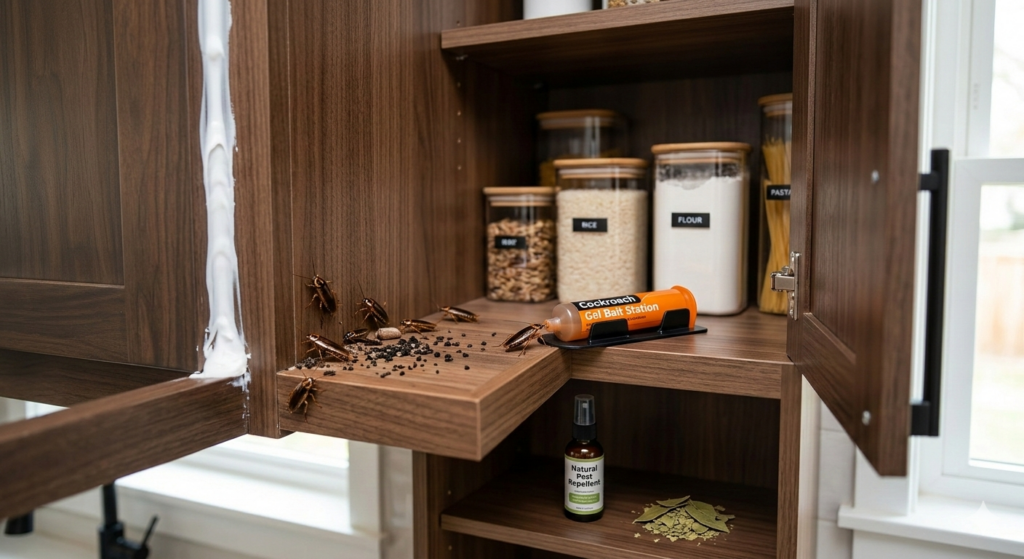 Clean kitchen cabinets free of small cockroaches