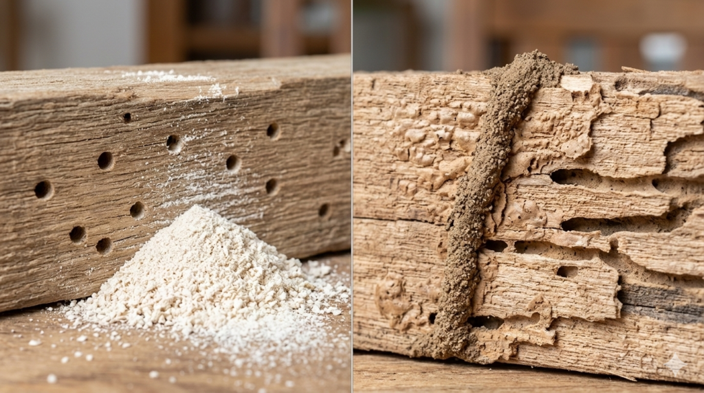 A side-by-side comparison of wood damage: wood borer exit holes with fine white powder vs. subterranean termite mud tubes and hollowed wood texture.