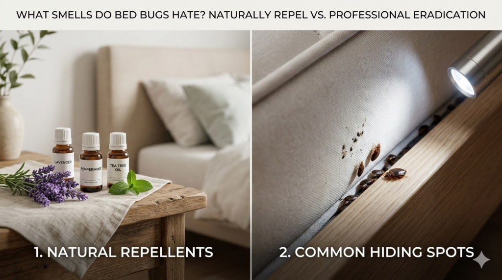 A side-by-side comparison of natural essential oil repellents and a macro view of bed bugs in a mattress seam, showing what smells bed bugs hate.